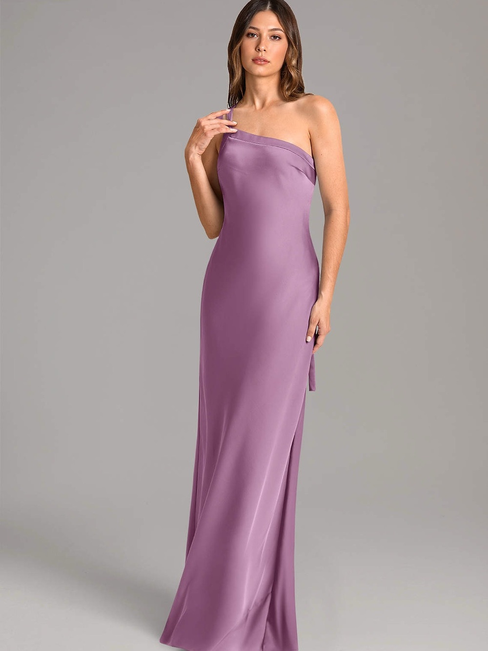 Azazie Monroe Wisteria One Shoulder Stretch Satin Maxi Dress A2